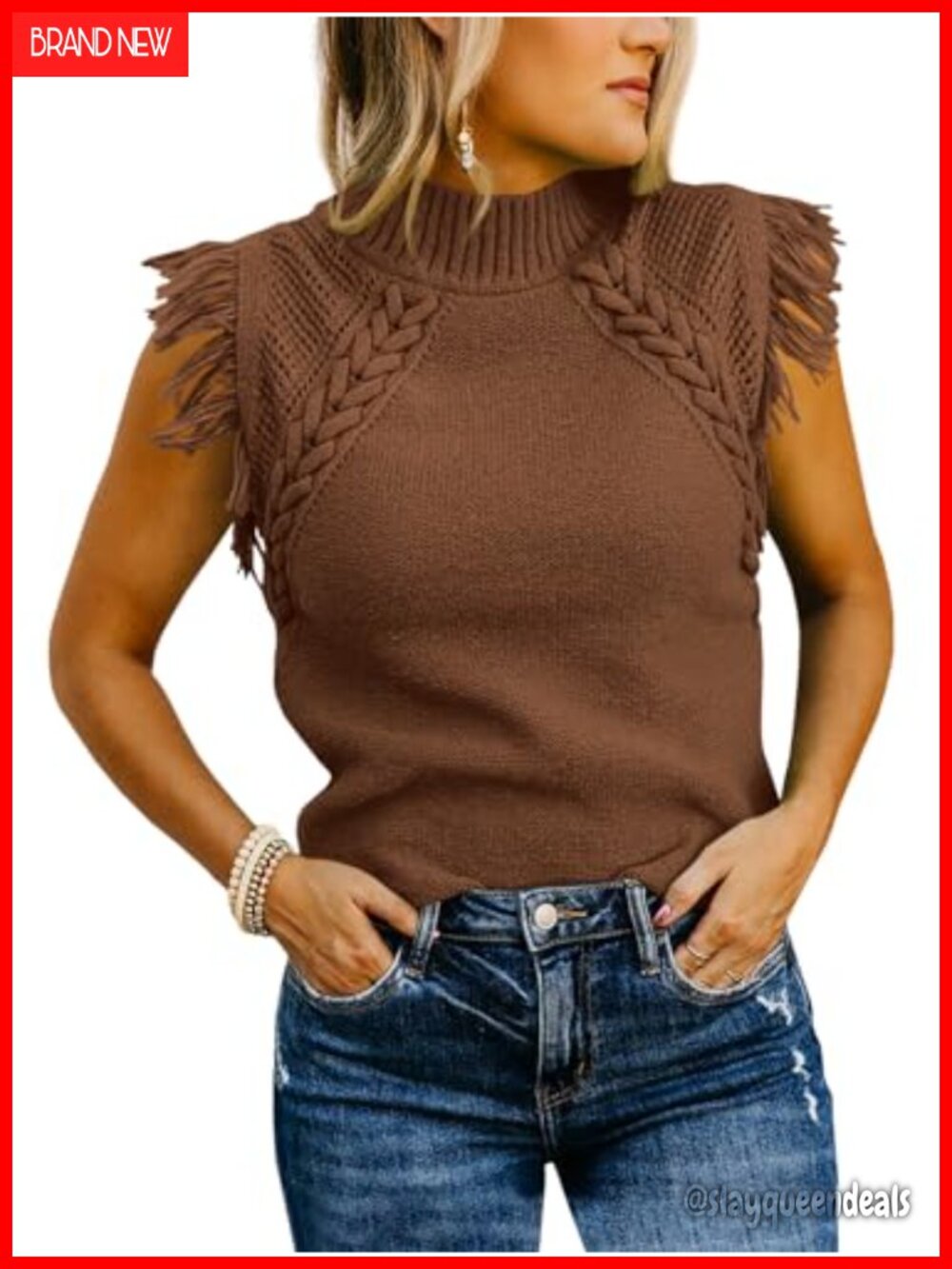 Sleeveless Sweater Vest Mock Neck Cable Knit Fringe Cap Sleeve Pullover Tank Top